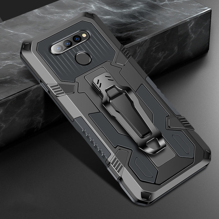 Dark gray rugged phone protective case with textured armor panels and kickstand