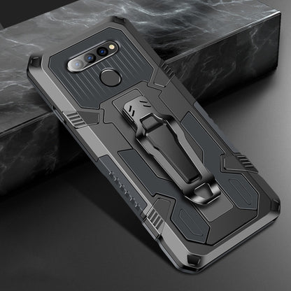 Dark gray rugged phone protective case with textured armor panels and kickstand