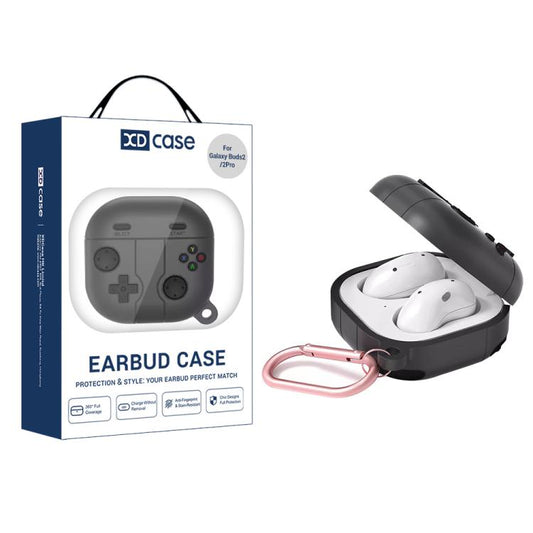 Retro silicone earbuds case with controller-style front, black shell, earbuds inside
