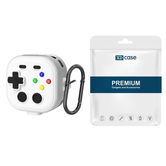 White retro game controller earbuds protective case with lanyard loop and charging port cover