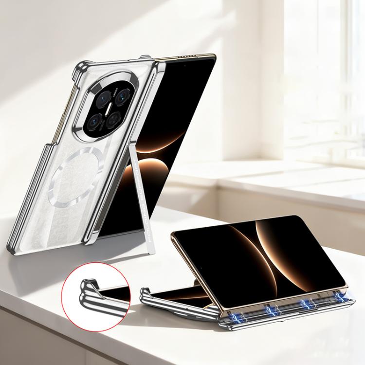 Silver foldable phone case with magnetic ring side cover, camera cutouts, kickstand