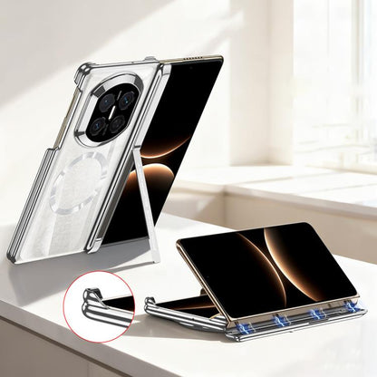 Silver foldable phone case with magnetic ring side cover, camera cutouts, kickstand