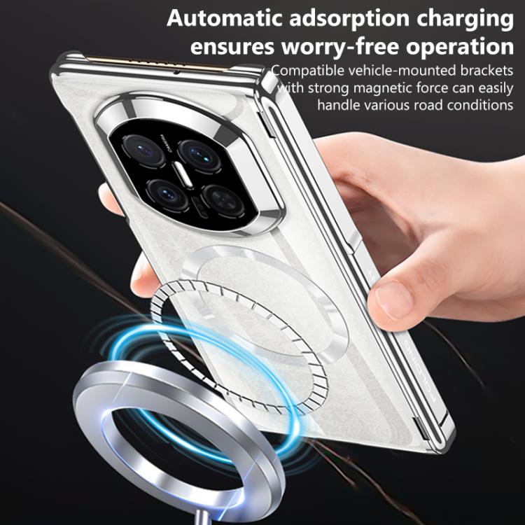 Silver phone case with magnetic ring and auto-adsorption charging mount, camera cutouts