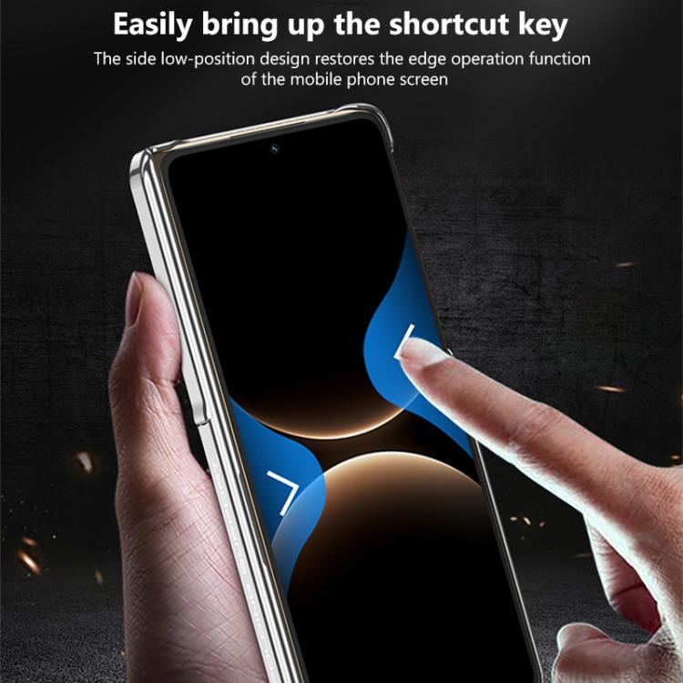 Silver phone case with side shortcut key opening and protective frame, camera cutouts