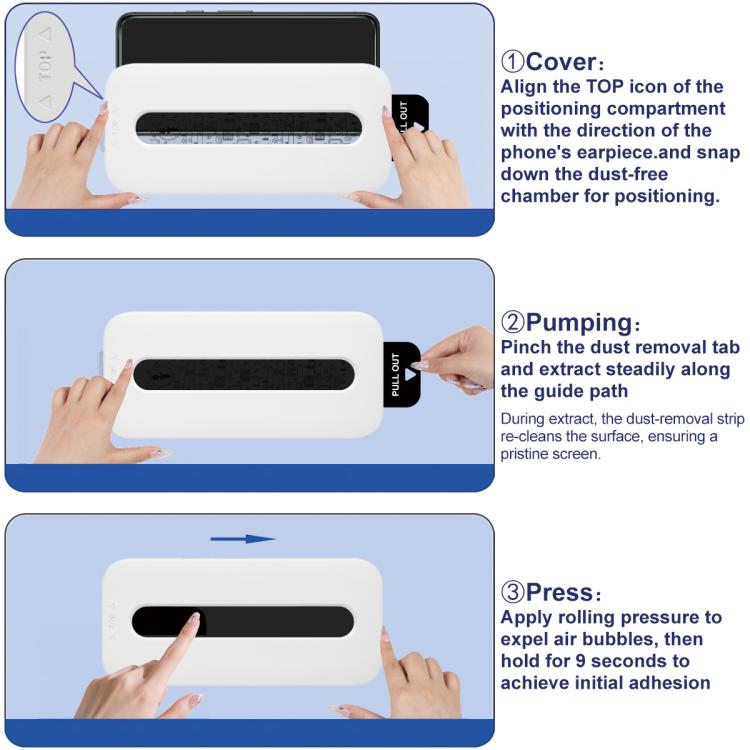 Dust-removal installation guide for chamber locator tempered glass film, three steps shown