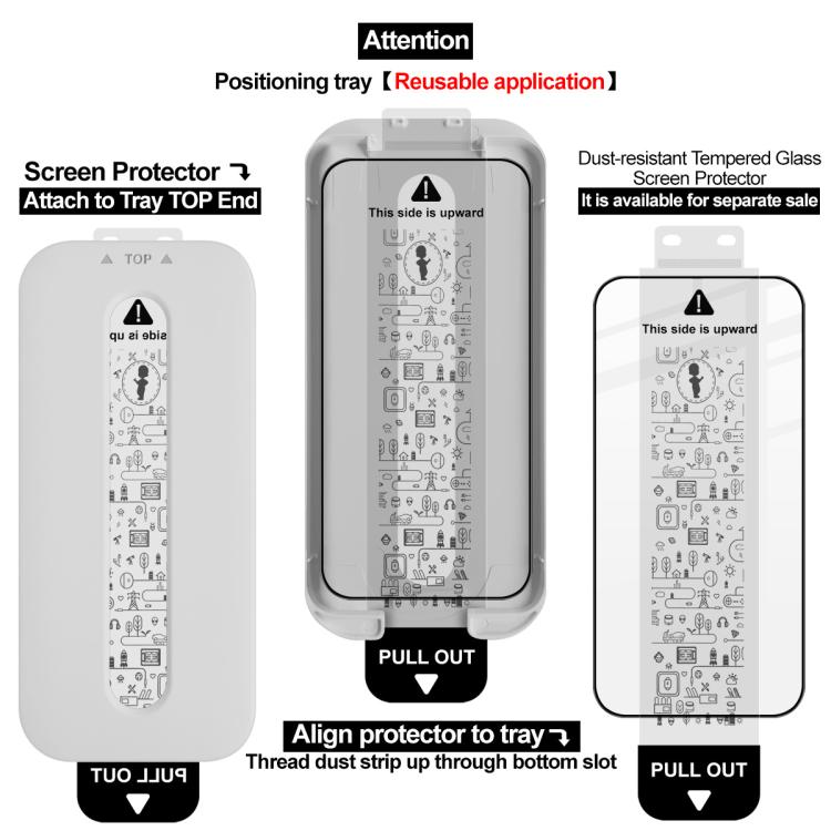 Dust-free tempered glass screen protector tray with alignment guide and pull-out tab