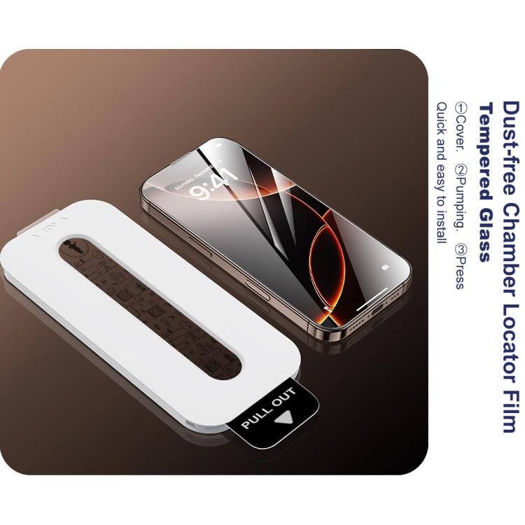 Dust-free chamber locator tempered glass film shown beside a smartphone screen