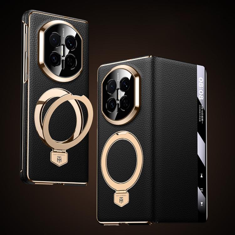 Black genuine leather phone case with magnetic ring holder and window display panel