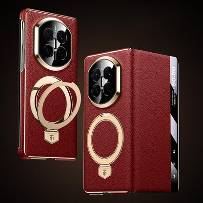 Red genuine leather phone case with magnetic ring holder and window display panel