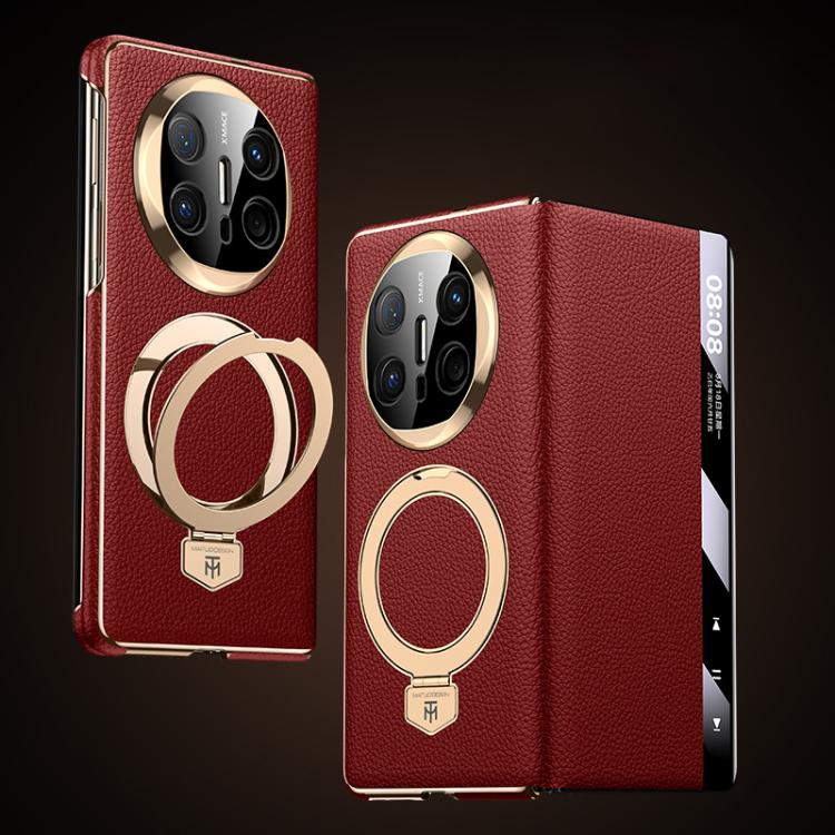 Red genuine leather phone case with magnetic ring holder and window display panel