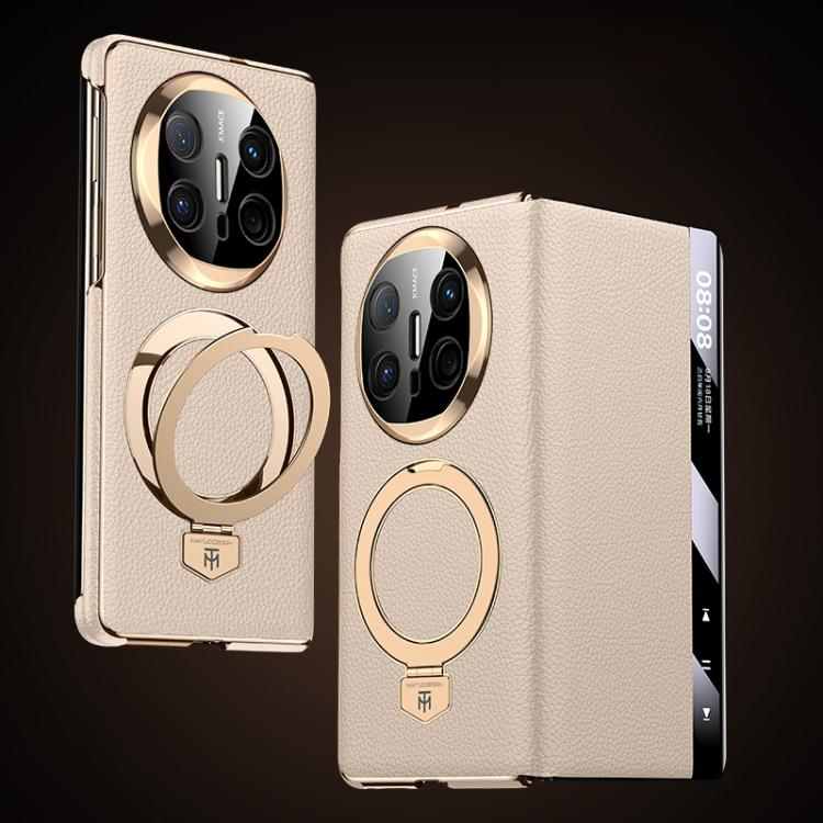 Gold genuine leather phone case with magnetic ring holder and window display panel