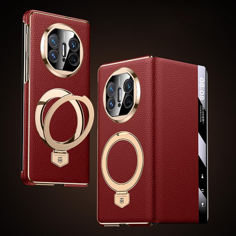 Red genuine leather phone case with magnetic ring holder and window display panel