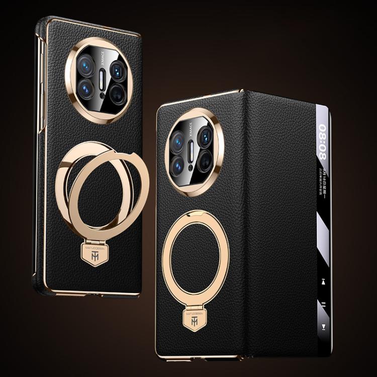 Black genuine leather phone case with magnetic ring holder and window display panel