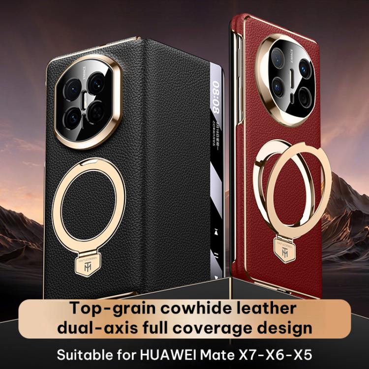 Folding leather magnetic phone case, black with gold ring and dual camera cutout