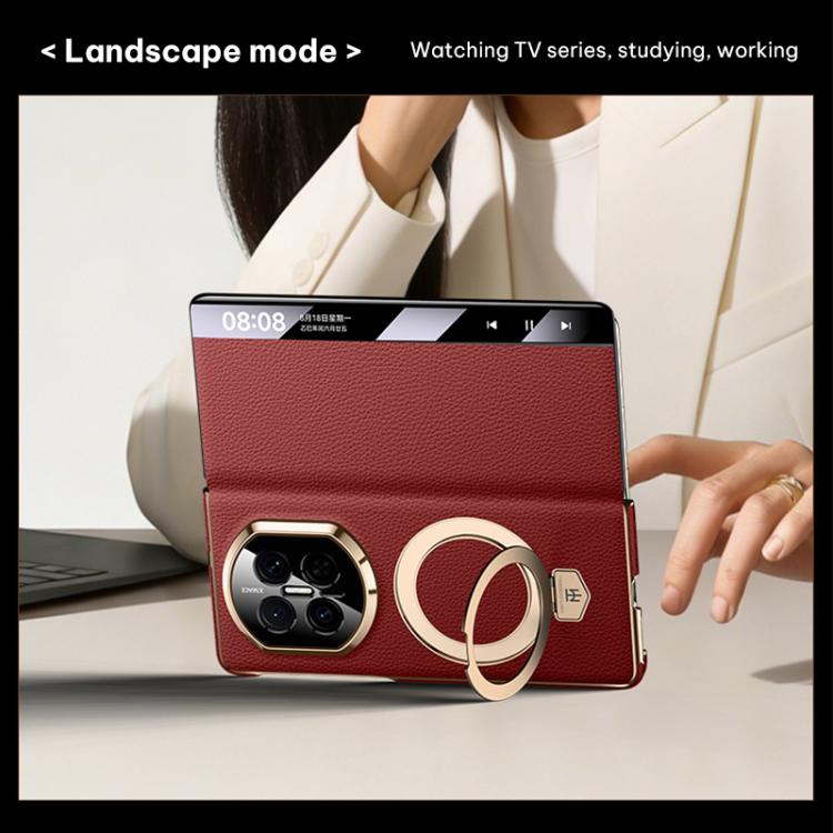 Genuine leather magnetic holder phone case, red with gold ring stand and camera cutout