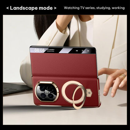 Genuine leather magnetic holder phone case, red with gold ring stand and camera cutout