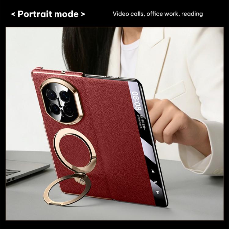 Genuine leather magnetic holder phone case, red with gold ring stand, angled view