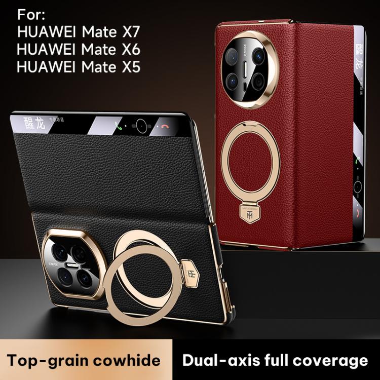 Folding leather magnetic phone case, red and black with gold ring and window view