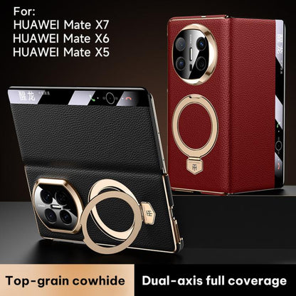 Folding leather magnetic phone case, red and black with gold ring and window view