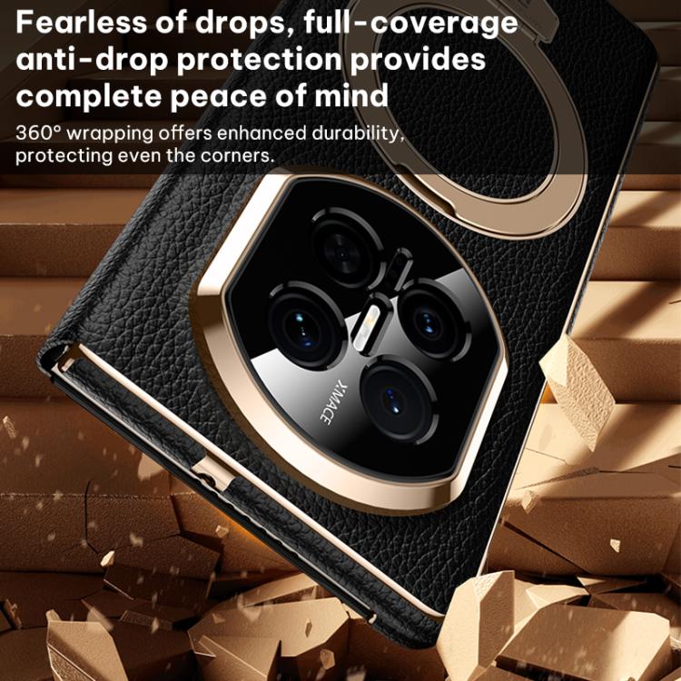 Black folding leather magnetic phone case with gold ring, camera cutout, full coverage