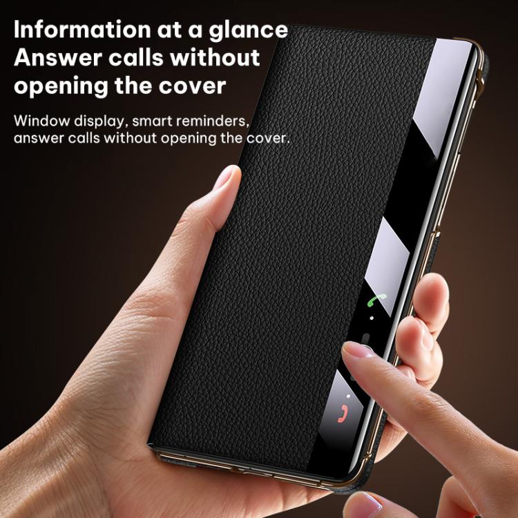 Black folding leather magnetic phone case with window display and finger-access cover