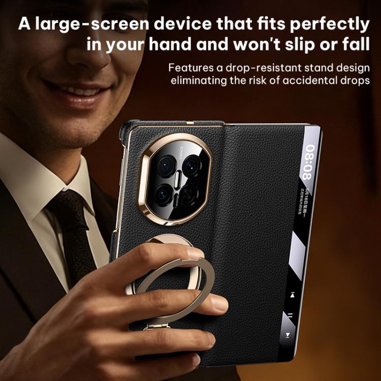 Black folding leather magnetic phone case with gold ring, camera cutout, held in hand