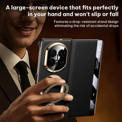 Black folding leather magnetic phone case with gold ring, camera cutout, held in hand