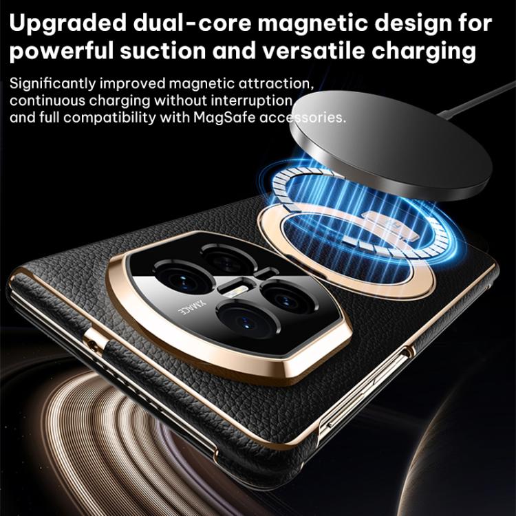 Genuine leather magnetic holder phone case, black with gold accents and ring stand