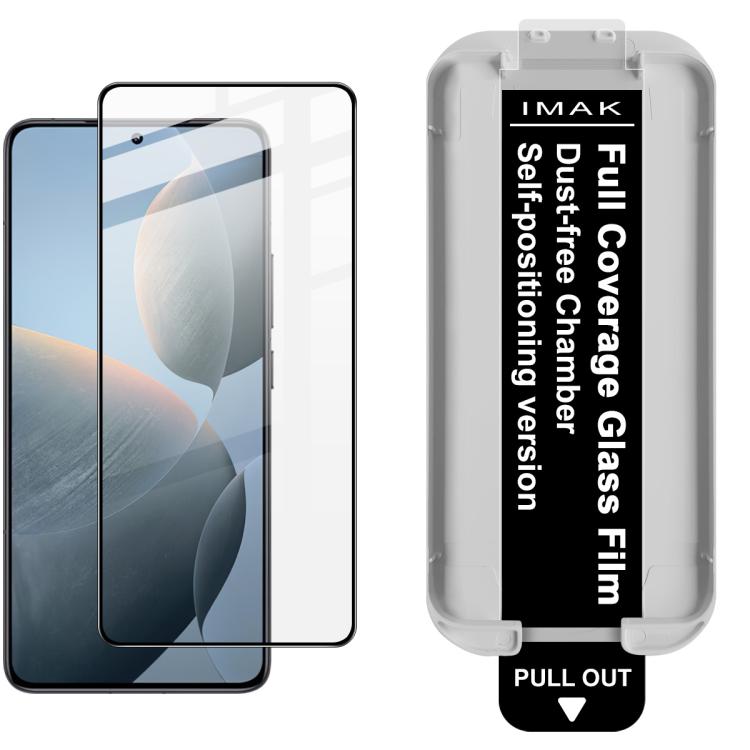 Full-coverage tempered glass screen protector with dust-free locator frame and pull tab, clear
