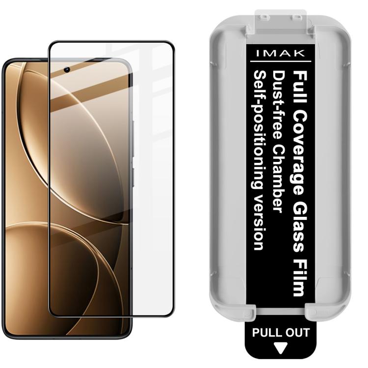 IMAK clear tempered glass screen protector on tan phone display, with pull-out tray