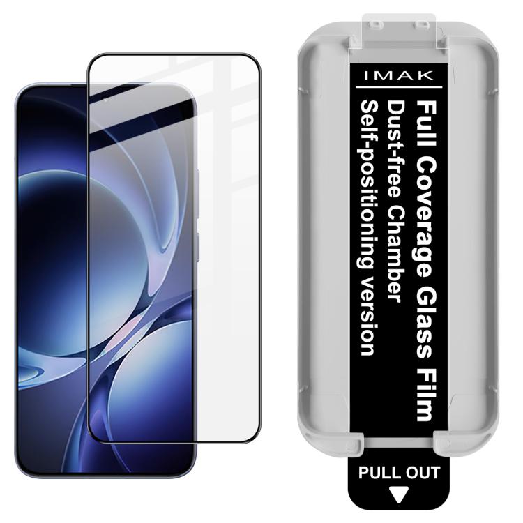 IMAK clear tempered glass screen protector on dark blue phone screen, with tray