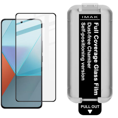 Full-coverage tempered glass screen protector with dust-free locator frame on light blue phone screen, clear