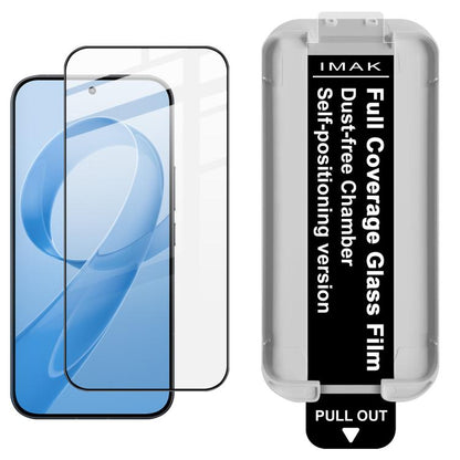 IMAK clear tempered glass screen protector, shown on blue phone screen with tray