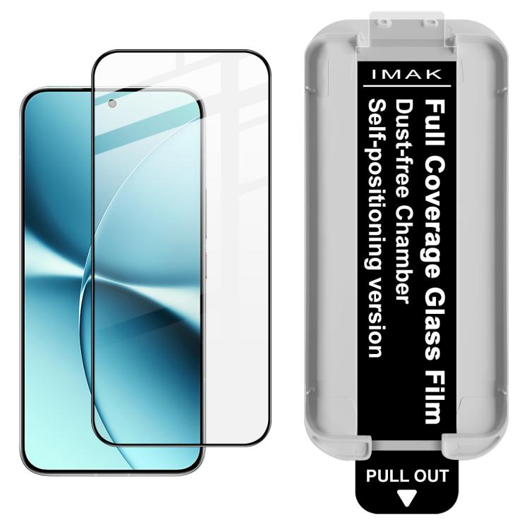 IMAK clear tempered glass screen protector, shown on teal phone screen with tray