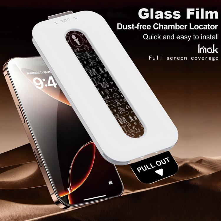 Dust-free chamber locator glass film for full-screen coverage with pull-out applicator