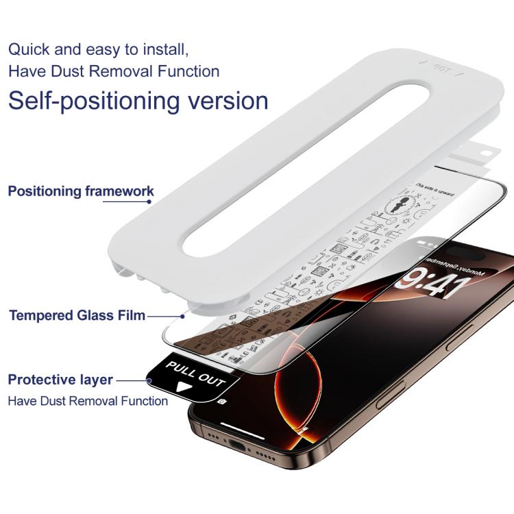 Self-positioning dust-removal chamber applicator with pull-out tempered glass film
