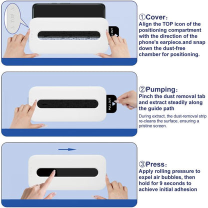 Step-by-step dust-free installation with applicator tray and tempered glass film piece