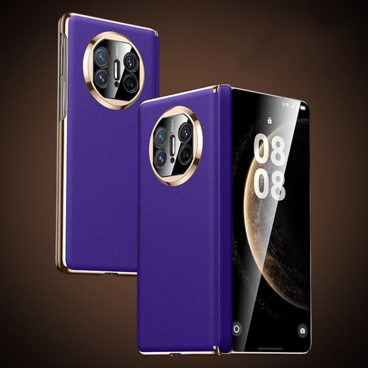 Purple vegan leather folding phone case, gold-trim camera cutout, open and closed