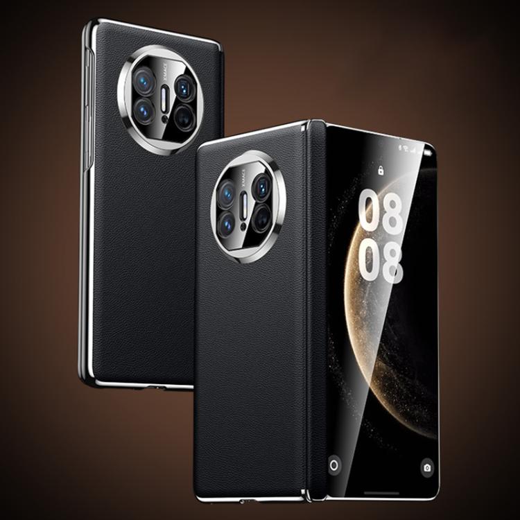 Black vegan leather folding phone case with silver camera cutout, open and closed