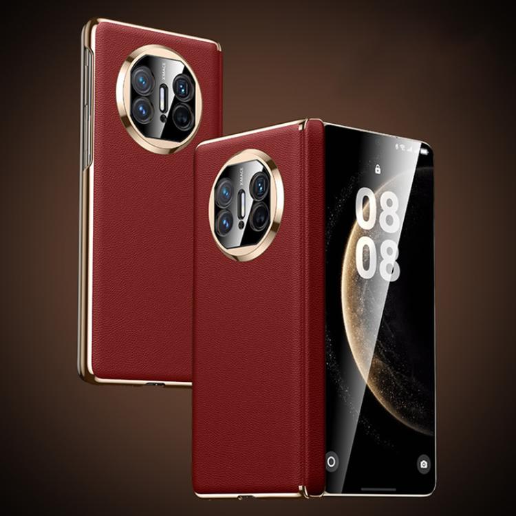 Red vegan leather folding phone case with gold-trim camera cutout, open and closed