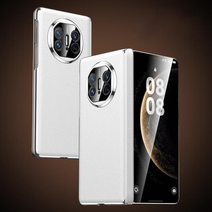 Light white vegan leather folding phone case with silver camera cutout, open and closed