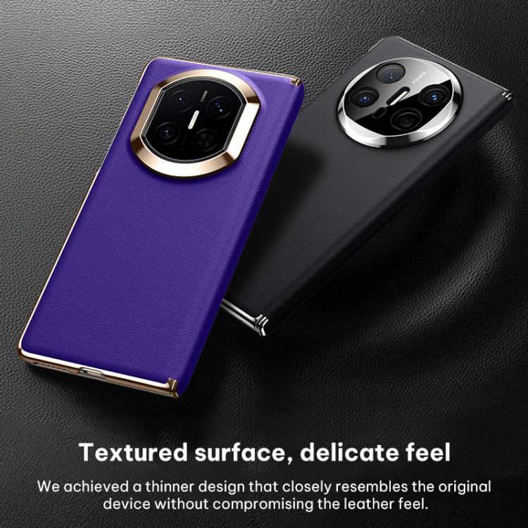 Purple vegan leather folding phone case with textured surface and camera cutout