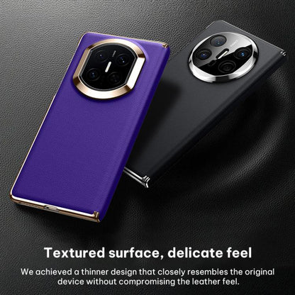 Purple vegan leather folding phone case with textured surface and camera cutout