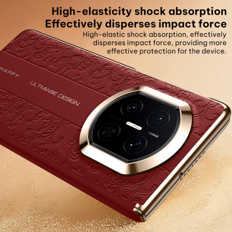 Red folding vegan leather phone case with embossed cloud dragon pattern and raised camera ring