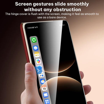 Red folding vegan leather phone case with hinge cover open, touchscreen gestures visible
