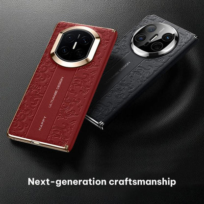 Folding vegan leather phone case with embossed cloud dragon pattern, red and black