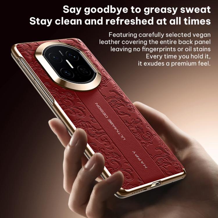 Red folding vegan leather phone case with embossed cloud dragon pattern covering the back