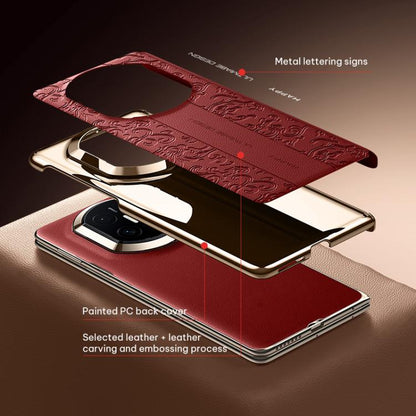 Red folding vegan leather phone case with embossed cloud dragon pattern, cutout window and gold trim