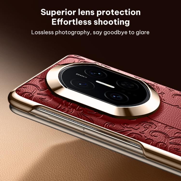 Red folding vegan leather phone case with embossed cloud dragon pattern, camera lens cover