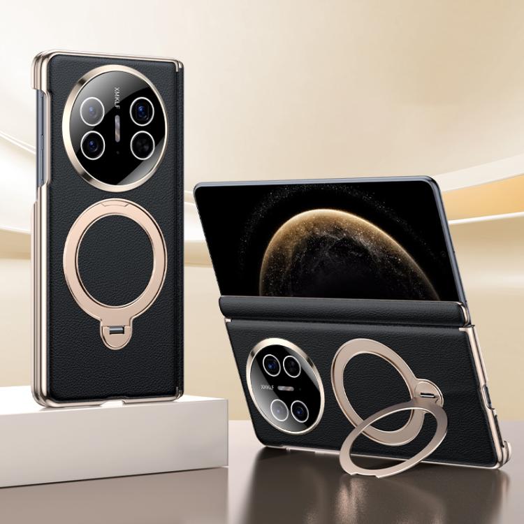 Black vegan leather phone case with magnetic ring holder and folding cover